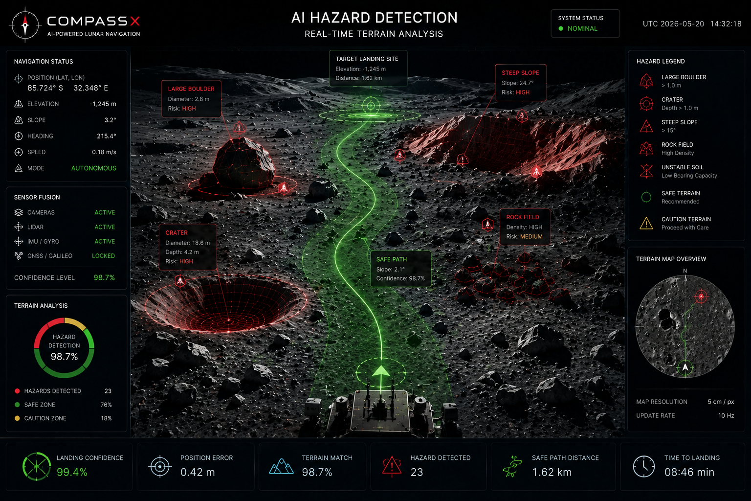 CompassX AI hazard detection dashboard identifying boulders, craters, slopes and rock fields in real time on the lunar surface