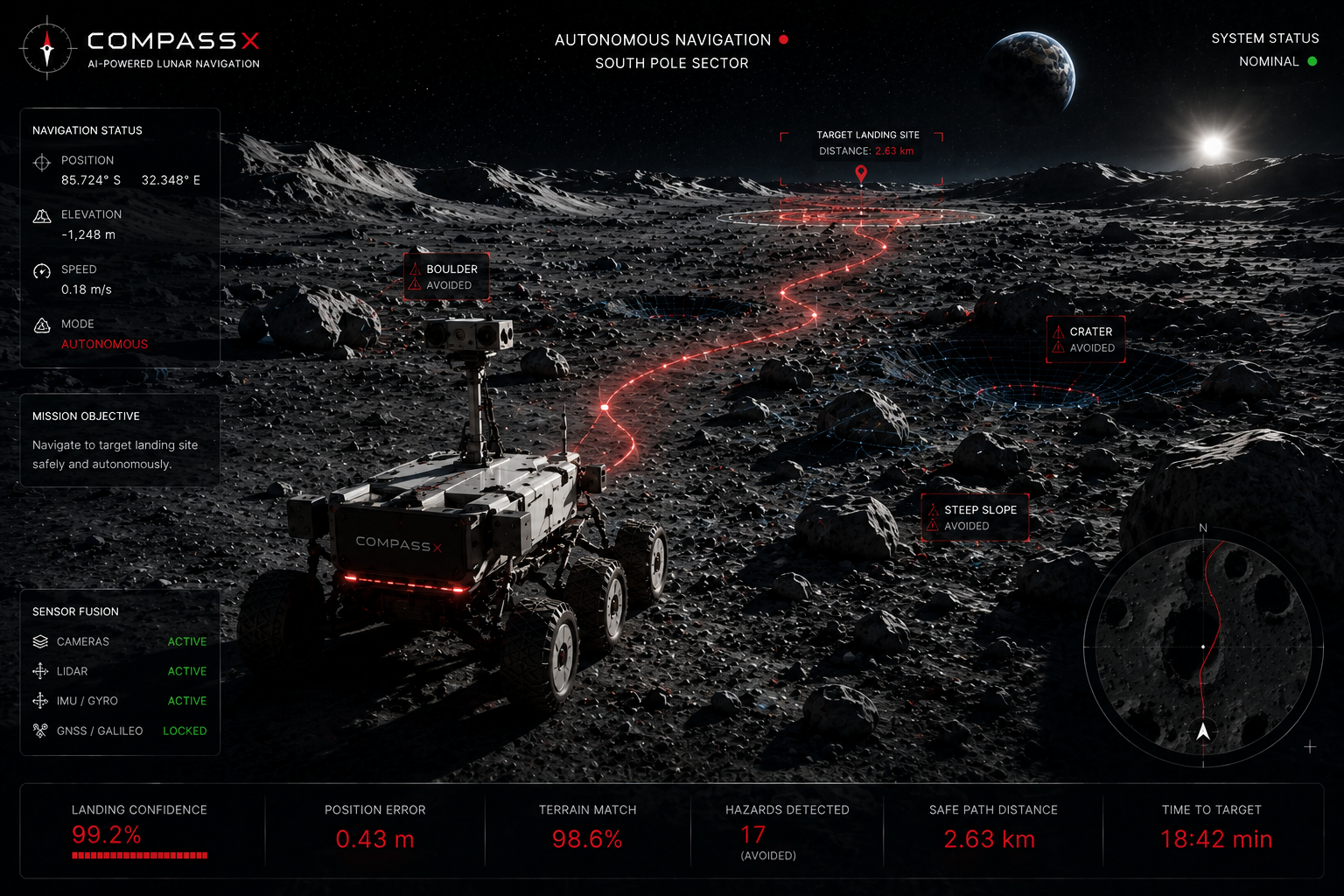 CompassX-guided rover autonomously navigating the lunar south pole, avoiding a boulder, crater and steep slope en route to its target landing site