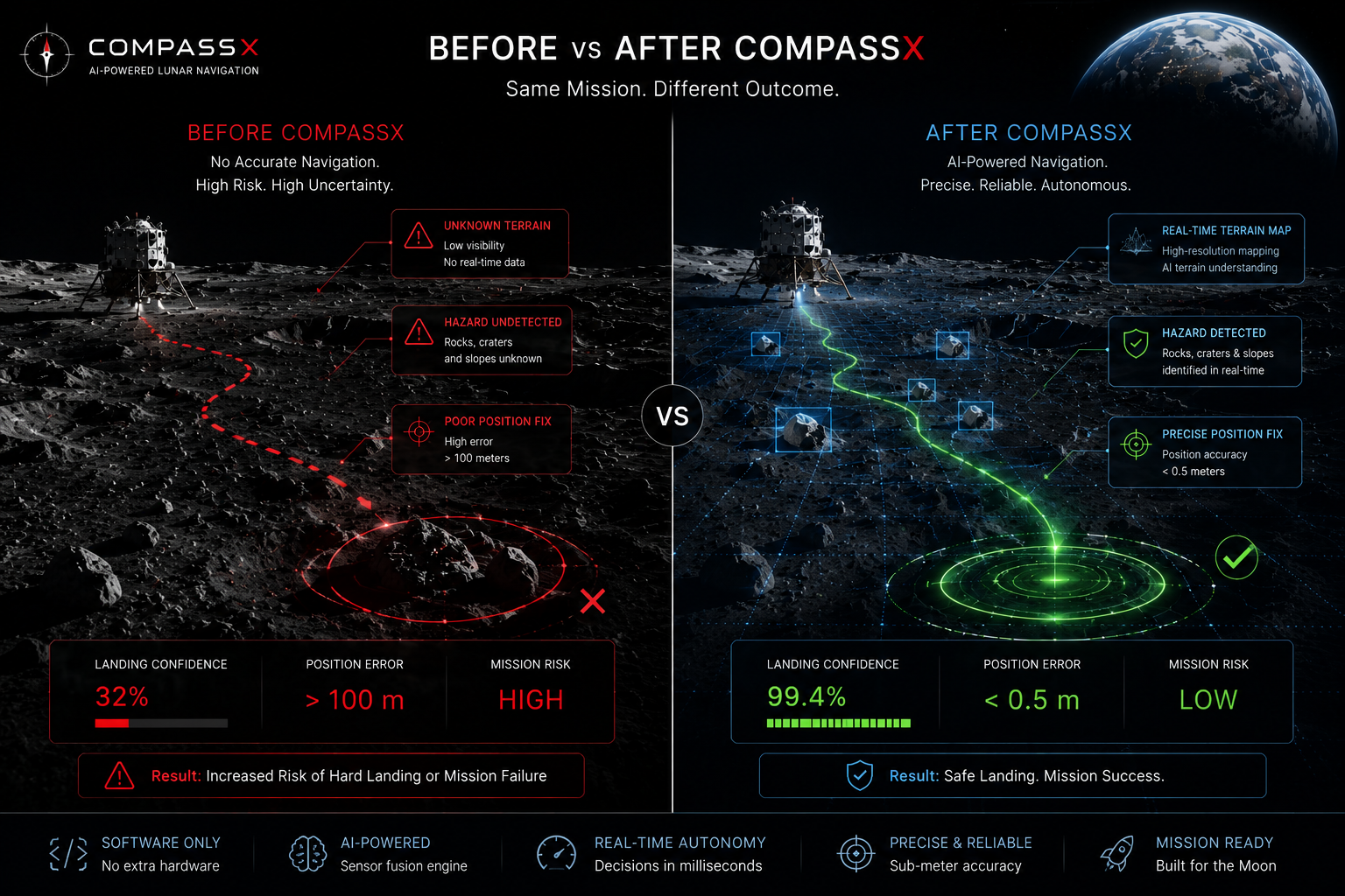 Before and after CompassX comparison: without CompassX, 32% landing confidence and high risk; with CompassX, 99.4% landing confidence and low risk