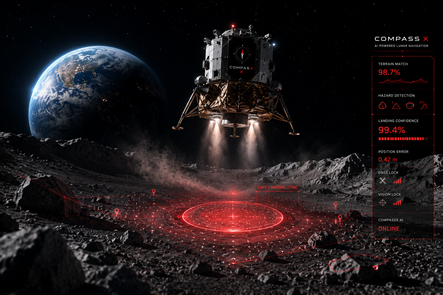 CompassX lander descending toward the lunar surface with an AI-computed safe landing zone overlay and live telemetry
