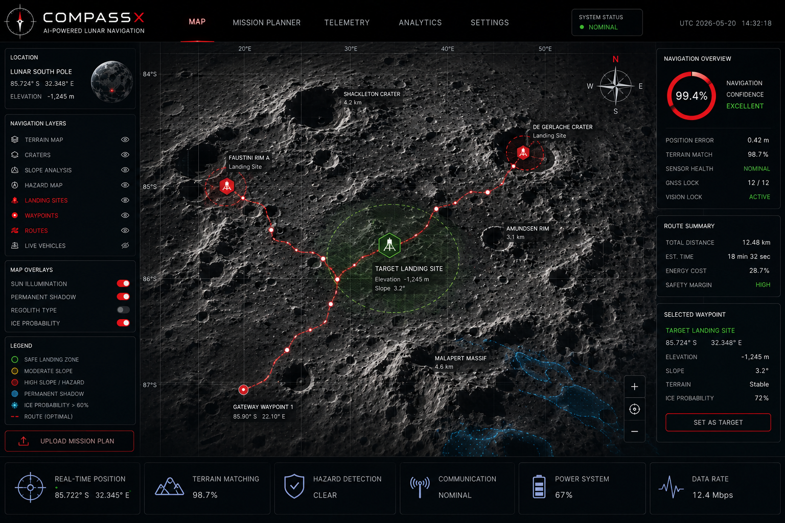 CompassX live lunar navigation map showing terrain, hazard zones, illumination, ice probability and routes at the south pole