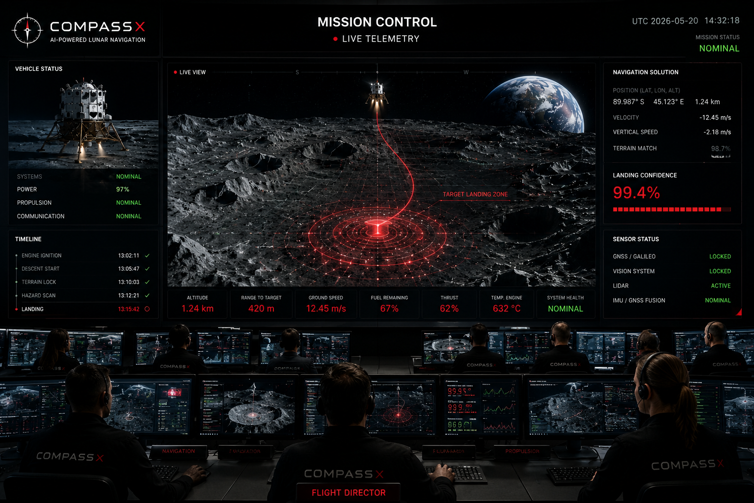 CompassX mission control room with flight directors monitoring live lunar descent telemetry