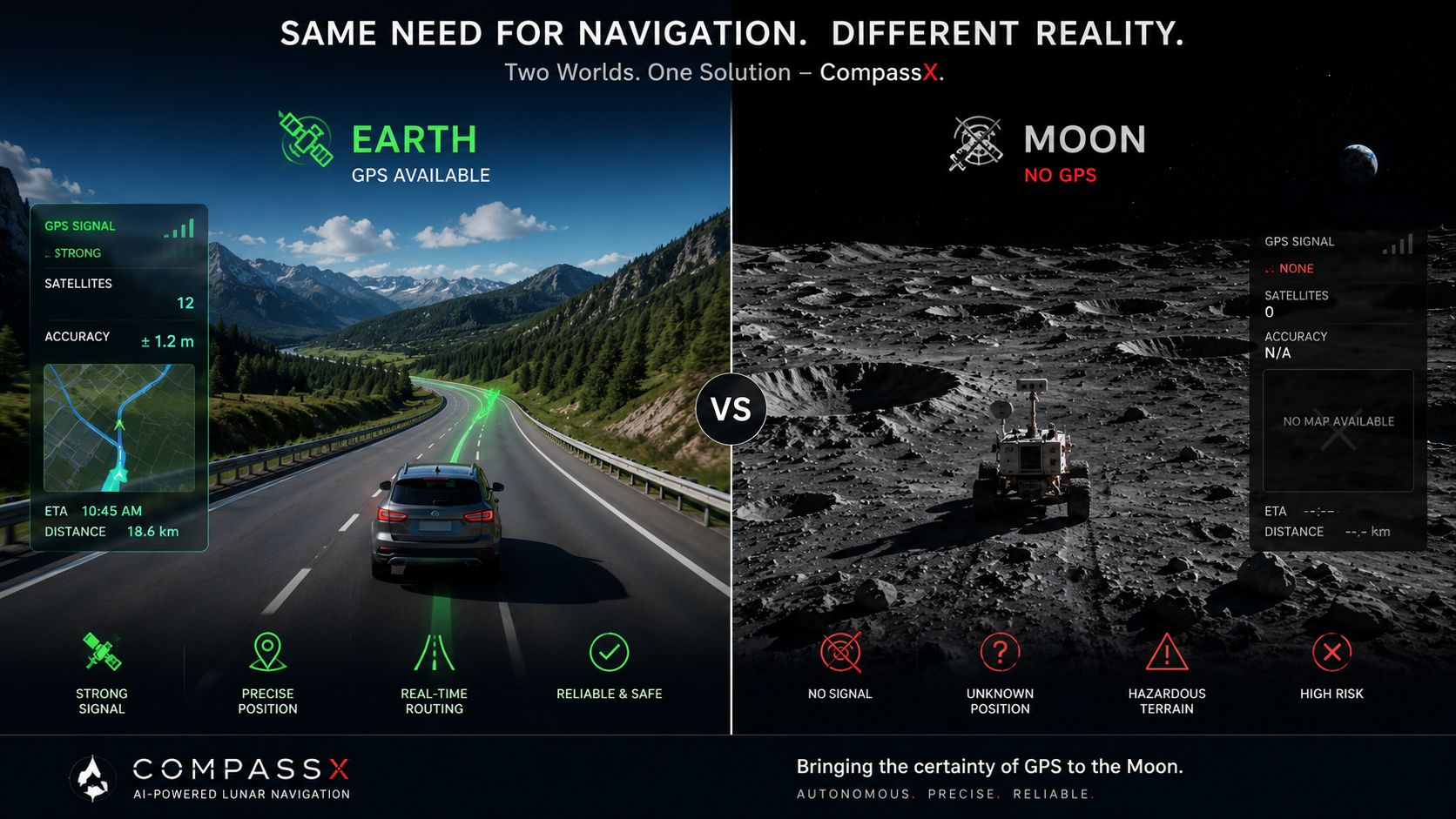 Same need for navigation, different reality — Earth GPS vs. no GPS on the Moon