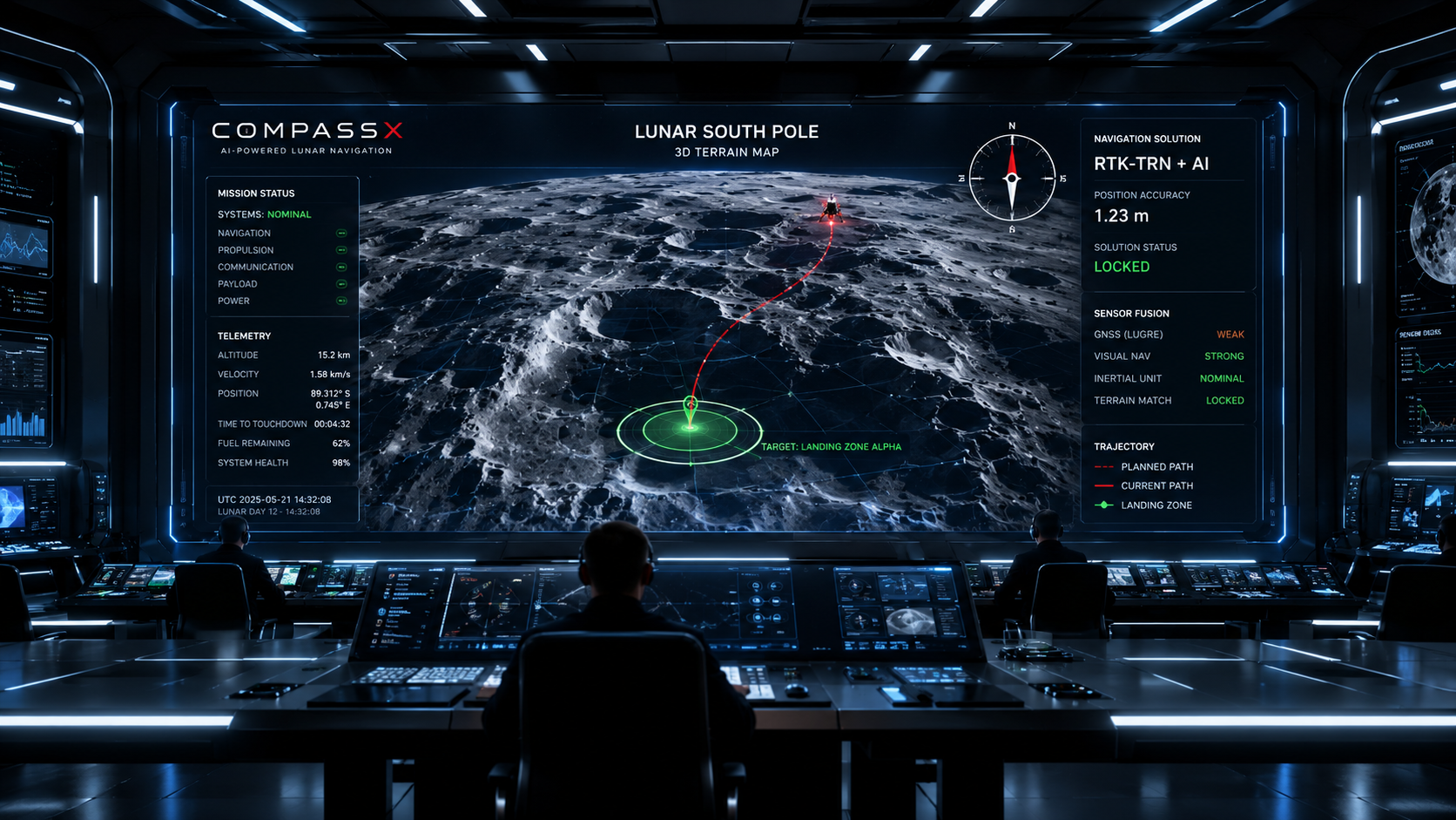 Mission control center monitoring a CompassX-guided lunar landing