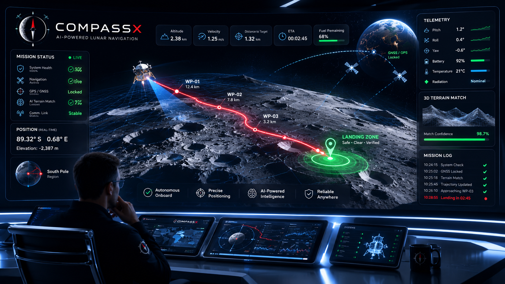 Live CompassX mission dashboard tracking a lander's descent to the landing zone