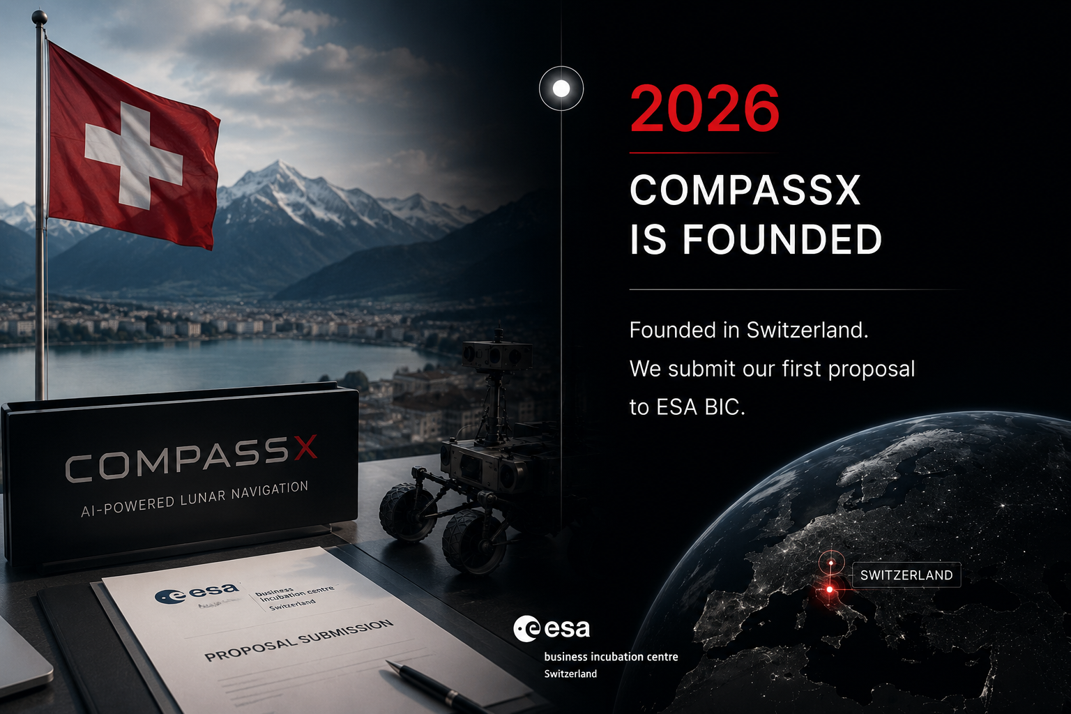 CompassX founded in Switzerland: Swiss flag over Lake Geneva, prototype rover, and ESA BIC proposal submission